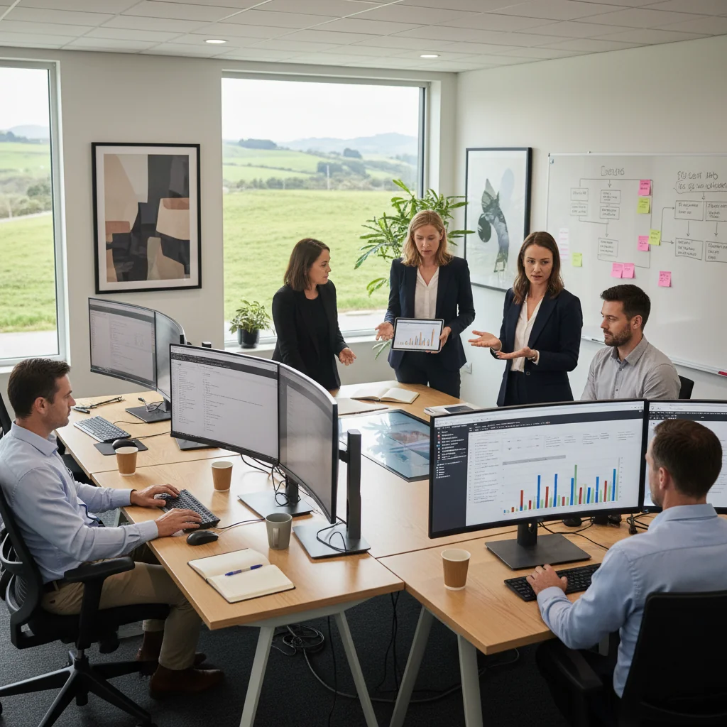 A photorealistic image of a professional quality assurance team in a modern New Zealand office setting, collaborating on a project with laptops and charts, symbolizing the implementation and benefits of quality assurance practices. The scene includes diverse adult professionals reviewing processes, with subtle New Zealand elements like a view of rolling green hills through the window, conveying reliability, teamwork, and excellence. No children are present in the image.