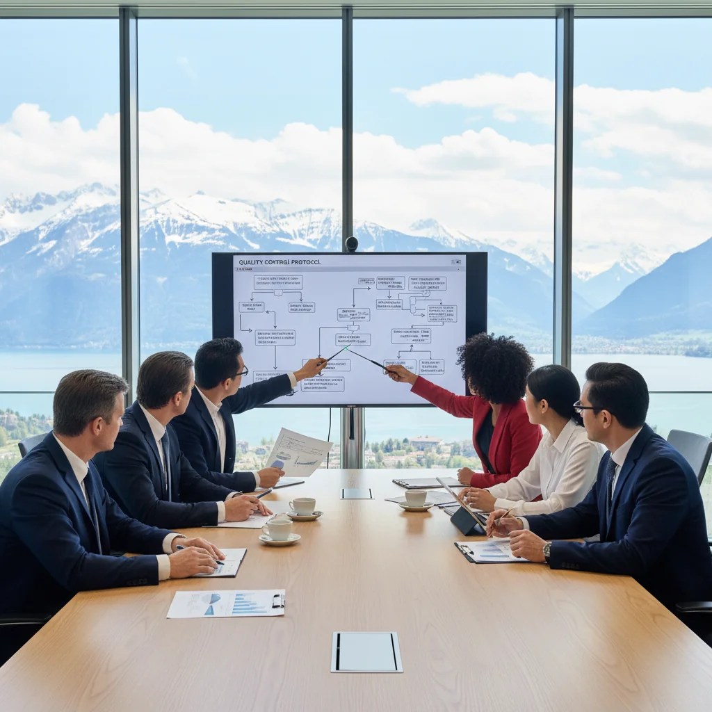 A photorealistic image of a professional business team in a modern Swiss office, collaboratively reviewing quality assurance processes on a large digital screen, symbolizing the creation and implementation of a quality assurance handbook for Swiss companies. The scene conveys precision, teamwork, and reliability in a corporate environment.