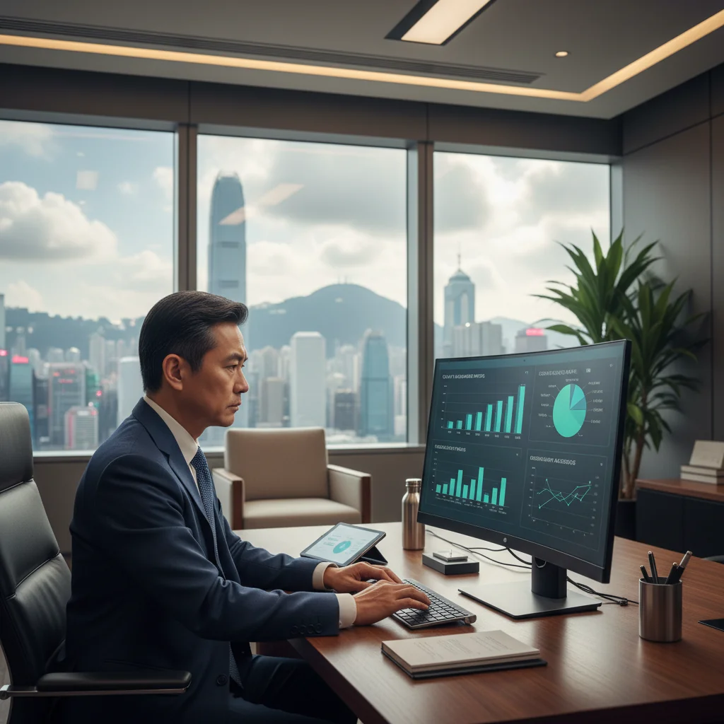 A photorealistic image of a professional quality assurance manager in a modern Hong Kong office, reviewing compliance standards on a computer screen, surrounded by subtle Hong Kong skyline elements, symbolizing adherence to local quality standards.