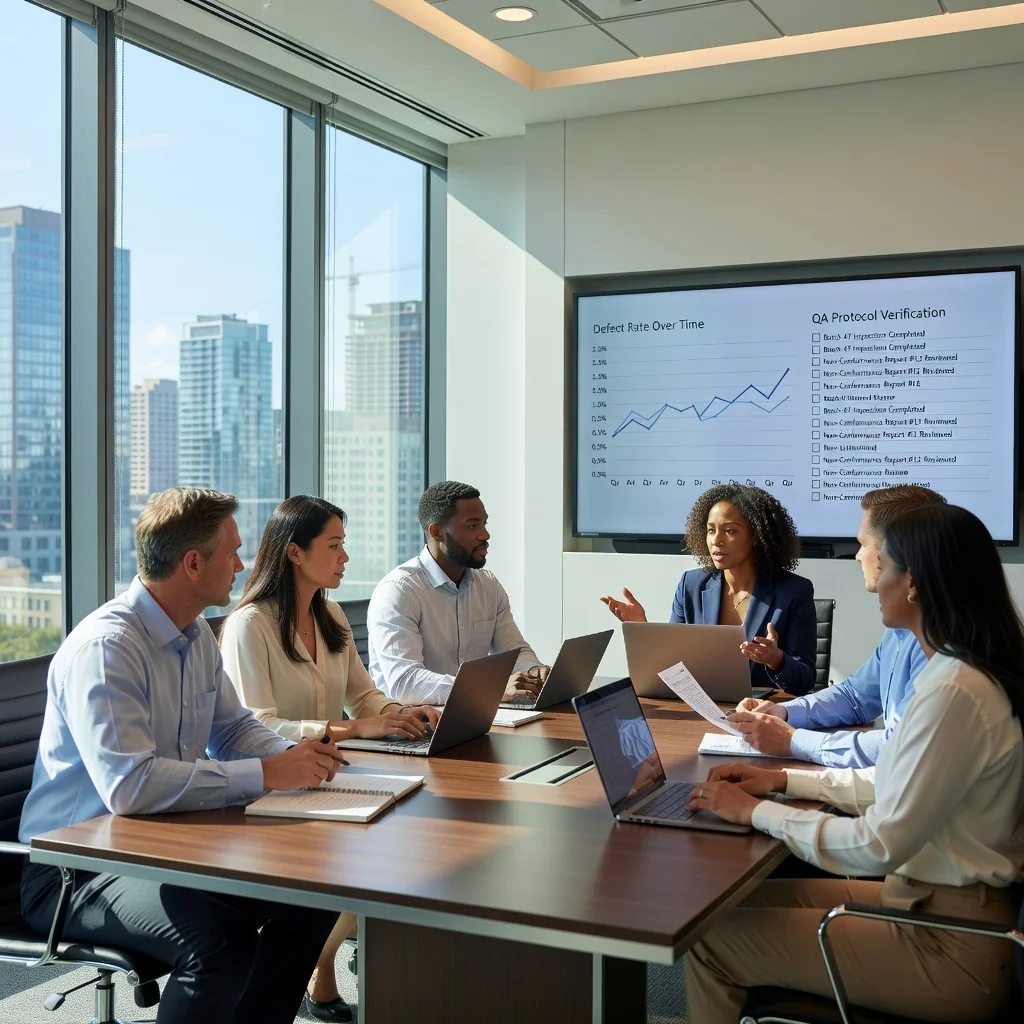 A professional photorealistic scene in a modern US business office, showing a diverse team of adult professionals collaborating around a conference table, reviewing quality assurance charts and metrics on a large screen, symbolizing the implementation and understanding of quality standards in business operations. No children are present in the image.