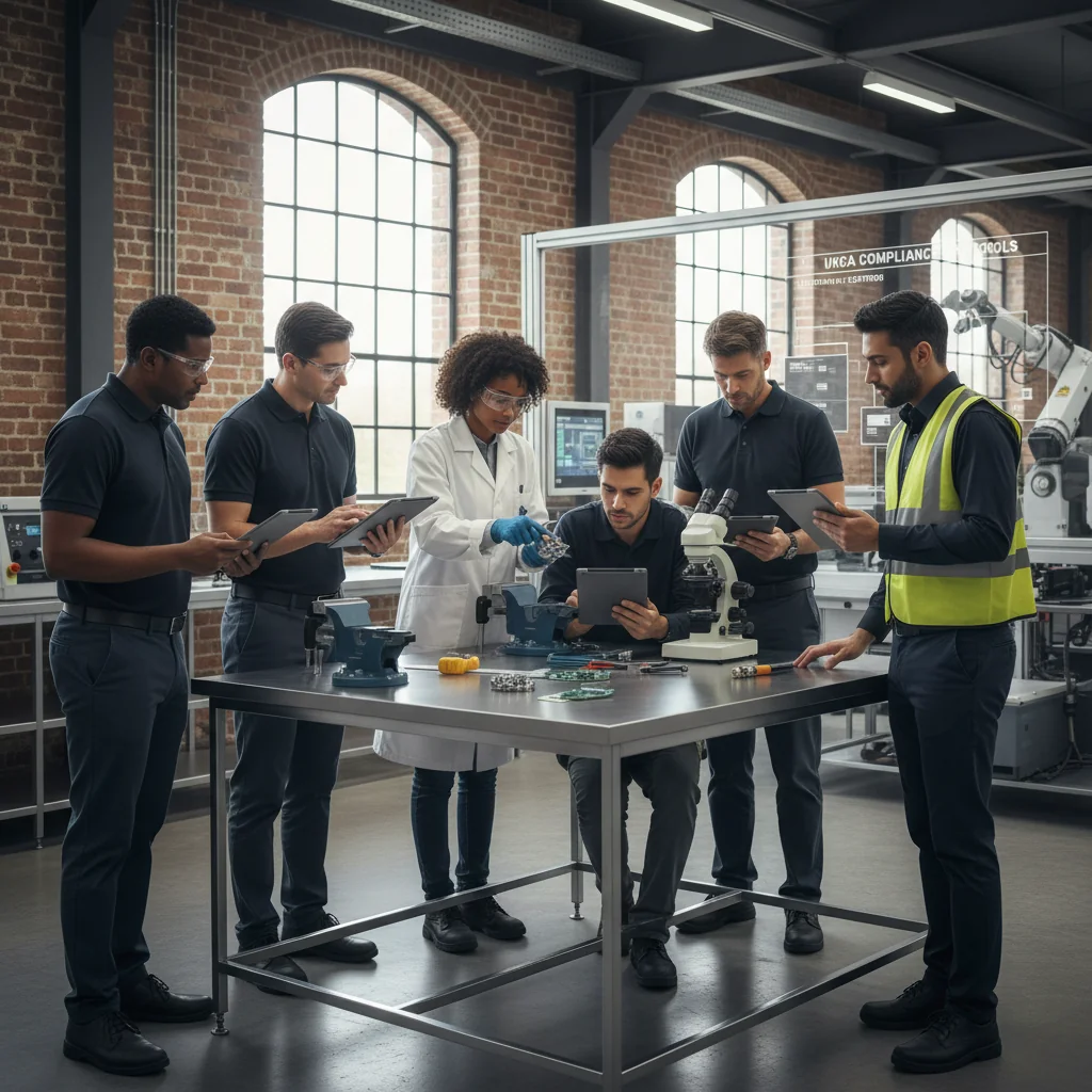 A photorealistic image of a professional quality assurance team in a modern UK manufacturing facility, conducting a compliance inspection with checklists and equipment, emphasizing regulatory standards and precision, no children present.