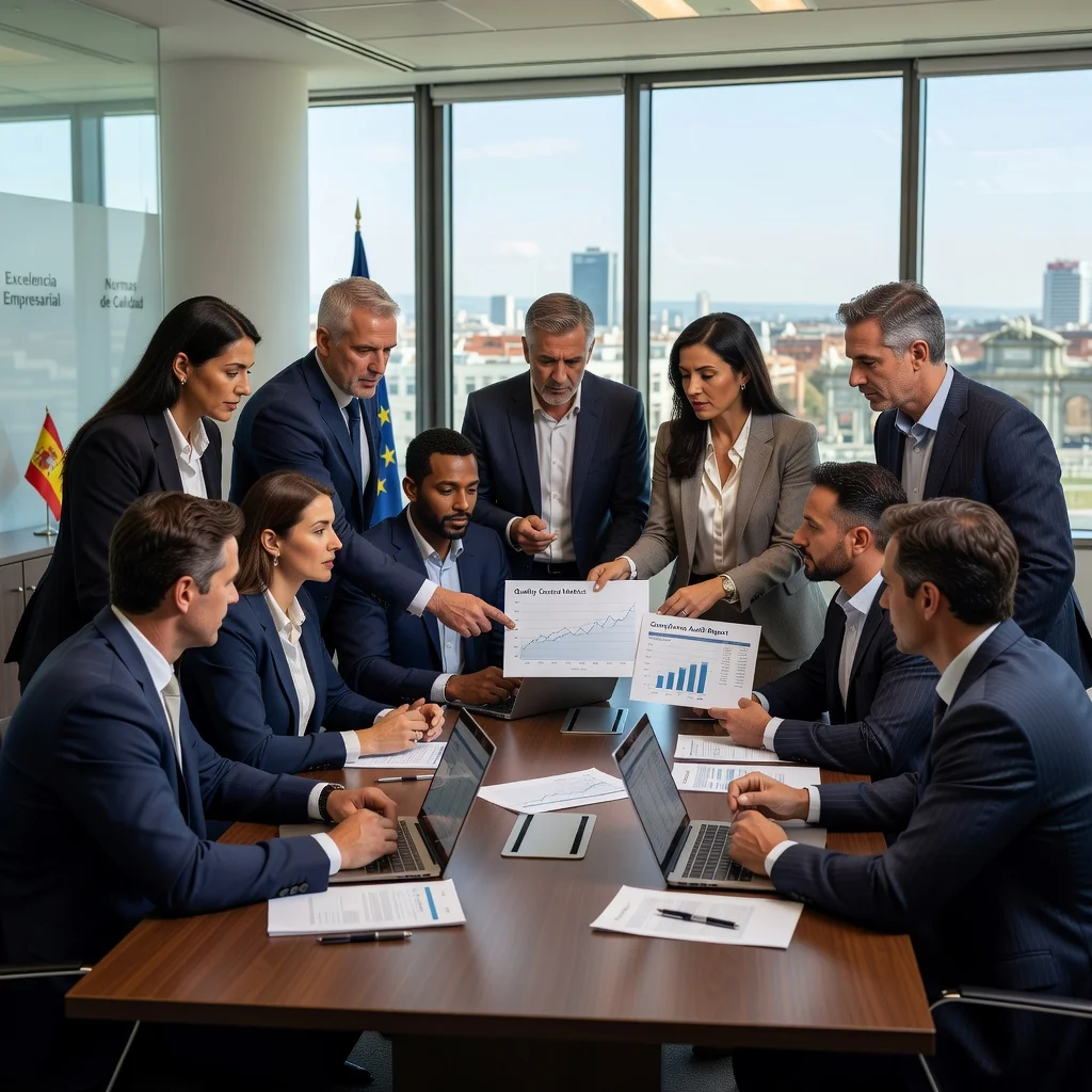 A professional photorealistic image representing quality management and compliance in a Spanish business context, featuring a diverse team of adults in a modern office setting in Spain, discussing charts and processes with Spanish flags or landmarks subtly in the background, symbolizing the comprehensive guide to quality manuals.