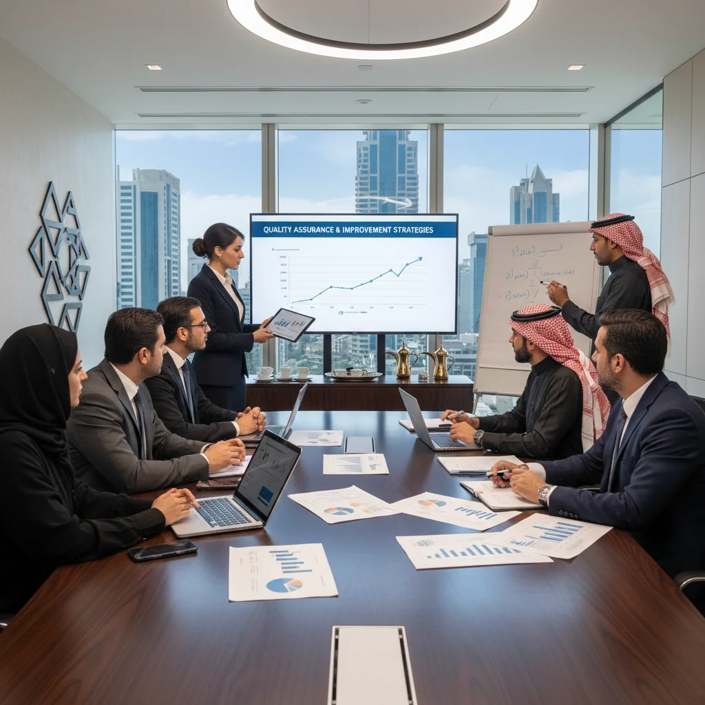 A photorealistic image of a professional business meeting in a modern Saudi Arabian office, with diverse adult professionals discussing quality assurance strategies around a conference table, symbolizing the importance and benefits of quality assurance guides for companies, no children present, no documents shown.