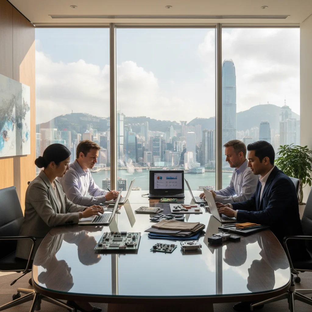 A photorealistic image representing quality assurance in Hong Kong's business environment, showing a diverse group of adult professionals in a modern office collaboratively reviewing and inspecting high-quality products like electronics and textiles on a conference table, with subtle Hong Kong skyline visible through large windows, emphasizing precision, trust, and application of standards, no children present.
