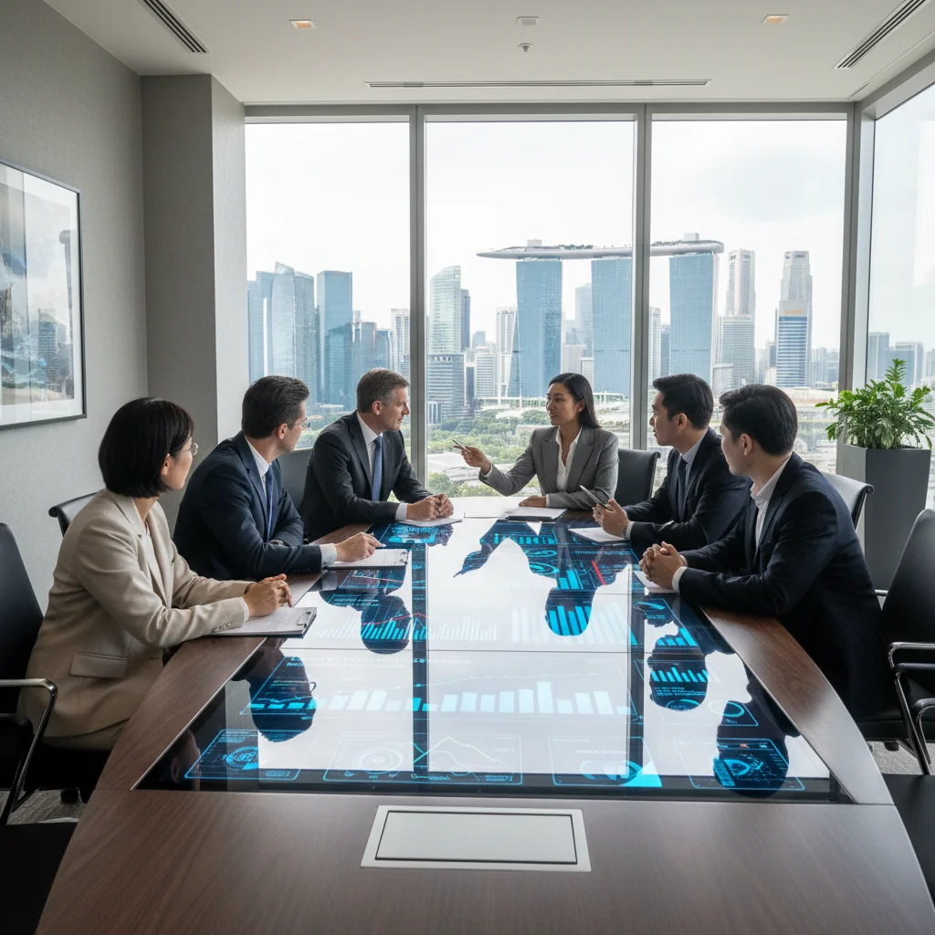 A photorealistic image of a professional business team in a modern Singapore office, collaboratively reviewing quality assurance processes on a large digital screen, symbolizing the implementation of a quality assurance manual for businesses, with diverse adult professionals engaged in discussion, no children present.