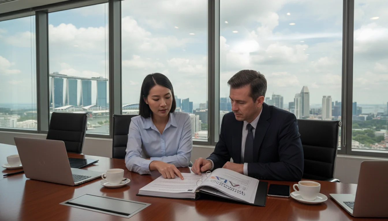 Business professionals reviewing QA manual