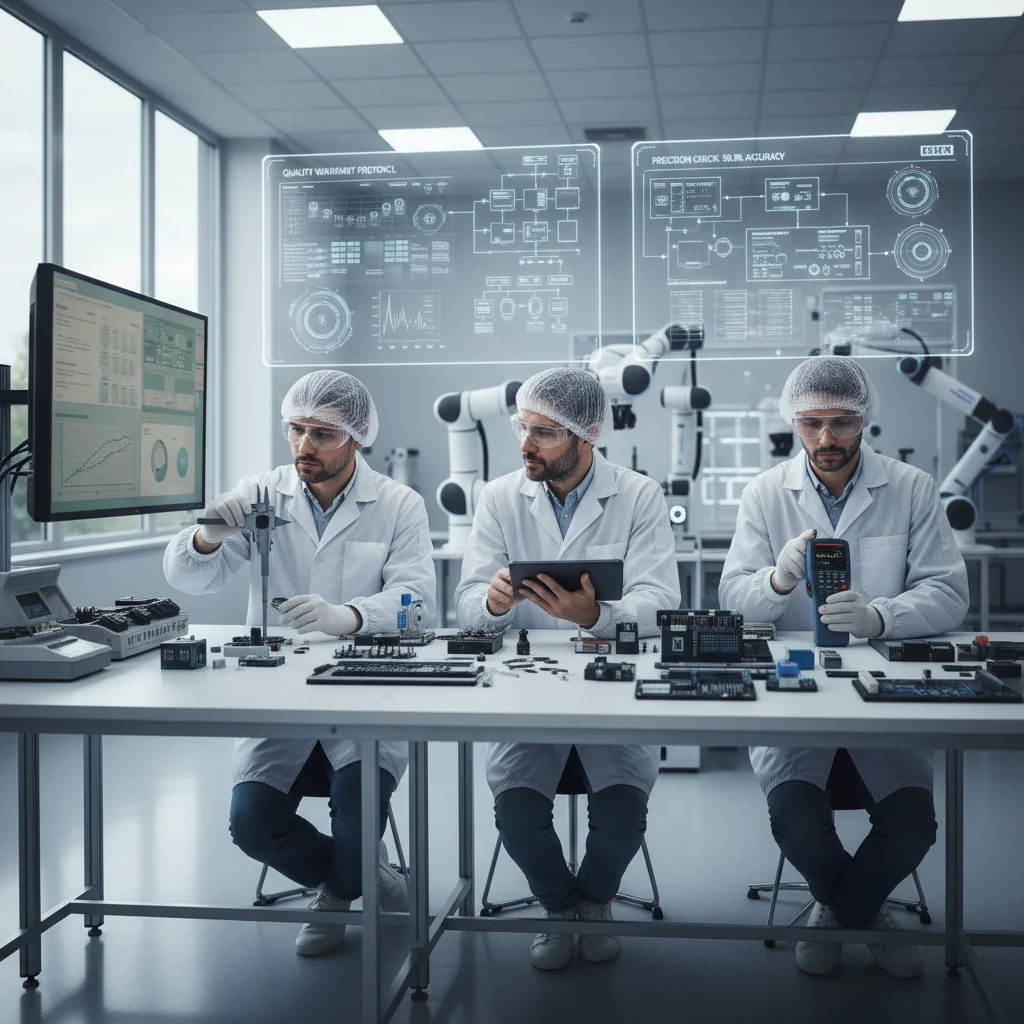 A photorealistic image depicting a professional quality assurance process in a modern manufacturing facility, showing adult workers in safety gear meticulously inspecting and testing products on a production line, symbolizing the effectiveness of a quality warranty manual.