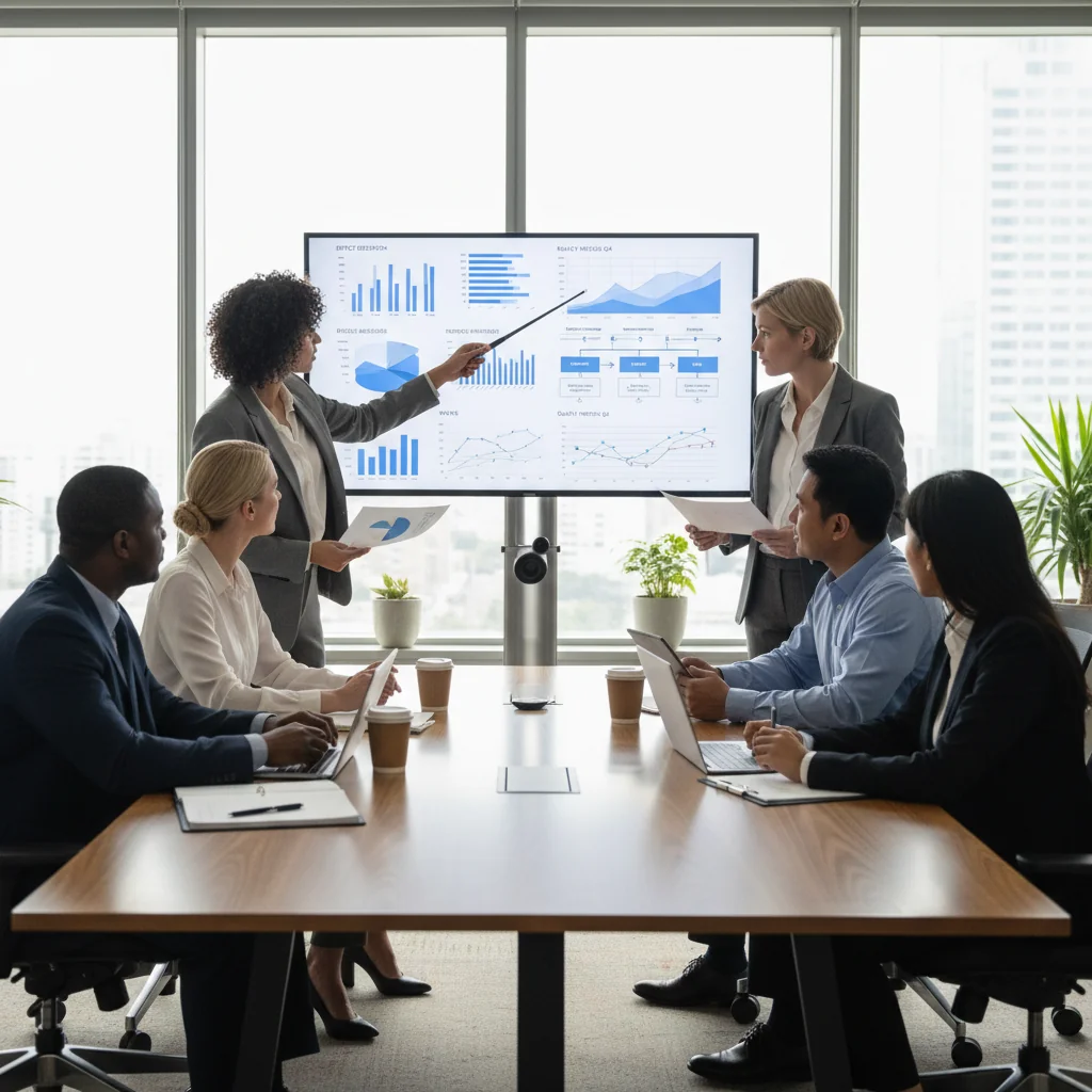 A photorealistic image depicting a professional team in a modern office setting, collaboratively reviewing and discussing quality assurance processes on a large digital screen, symbolizing the development of an effective quality manual. The scene conveys efficiency, teamwork, and attention to detail, with adults only, no children present.
