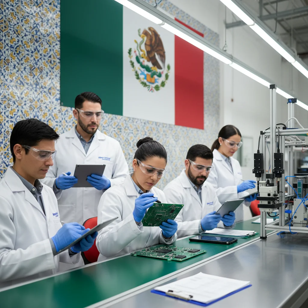 A photorealistic hero image representing quality assurance in a Mexican manufacturing setting, featuring diverse adult professionals in a modern factory inspecting high-precision electronic components on a production line, with subtle Mexican cultural elements like vibrant wall colors in the background, conveying professionalism, precision, and compliance in a bustling yet controlled industrial environment.