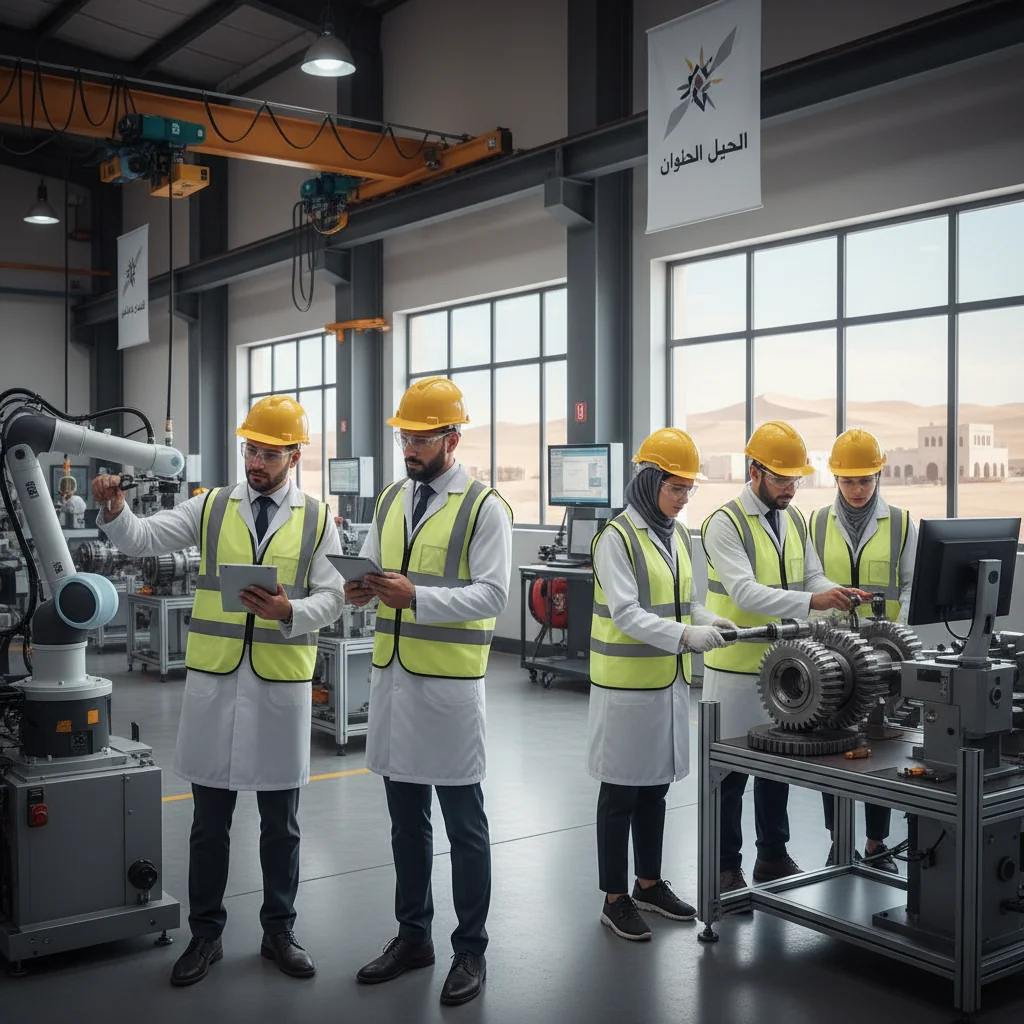 A photorealistic image representing quality assurance in Saudi Arabia, featuring a diverse group of adult professionals in a modern Saudi industrial facility, conducting meticulous quality checks on high-tech manufacturing equipment, with subtle Saudi cultural elements like traditional attire in the background, conveying principles of excellence and reliability in a professional setting.