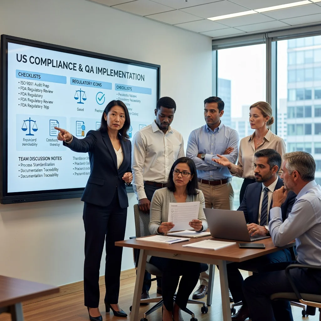 A photorealistic image of a diverse team of professionals in a modern office environment, engaged in a quality assurance review meeting. They are examining compliance charts and checklists on a large screen, symbolizing the implementation of quality standards for US regulations. The atmosphere is collaborative and focused, with adults only, no children present.