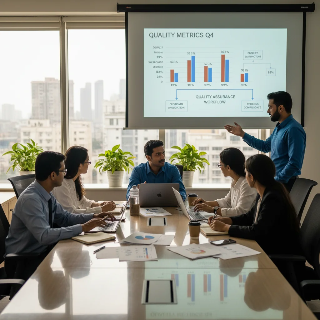 A photorealistic image of a diverse team of adult professionals in a modern Indian office setting, collaboratively reviewing quality standards and assurance processes on a large screen, symbolizing the creation of a quality assurance manual in India. The atmosphere is professional and focused, with elements like charts and graphs representing quality control, ensuring no children are present.