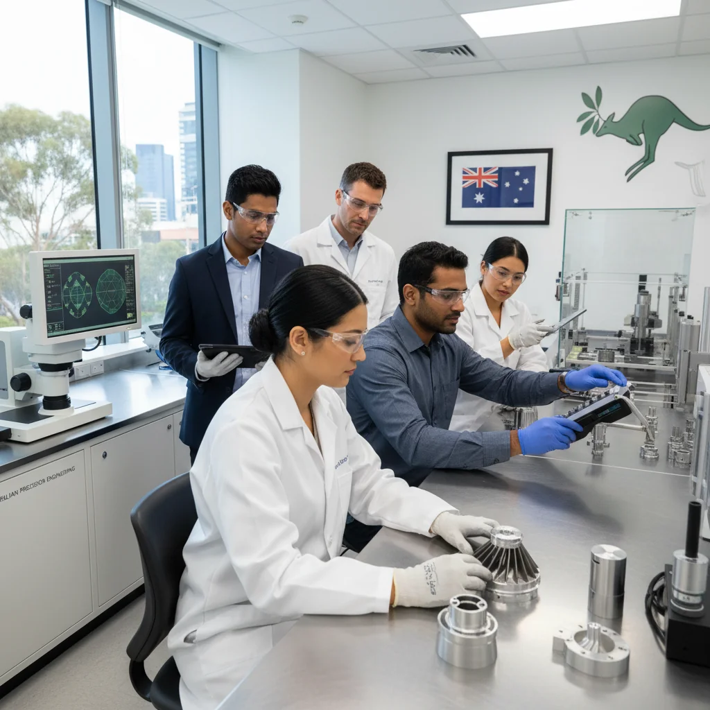 A photorealistic image of a professional quality assurance team in a modern Australian manufacturing facility, conducting a meticulous inspection of high-standard products, symbolizing precision and compliance with Australian standards, with Australian elements like the Sydney Opera House visible in the background through a window.