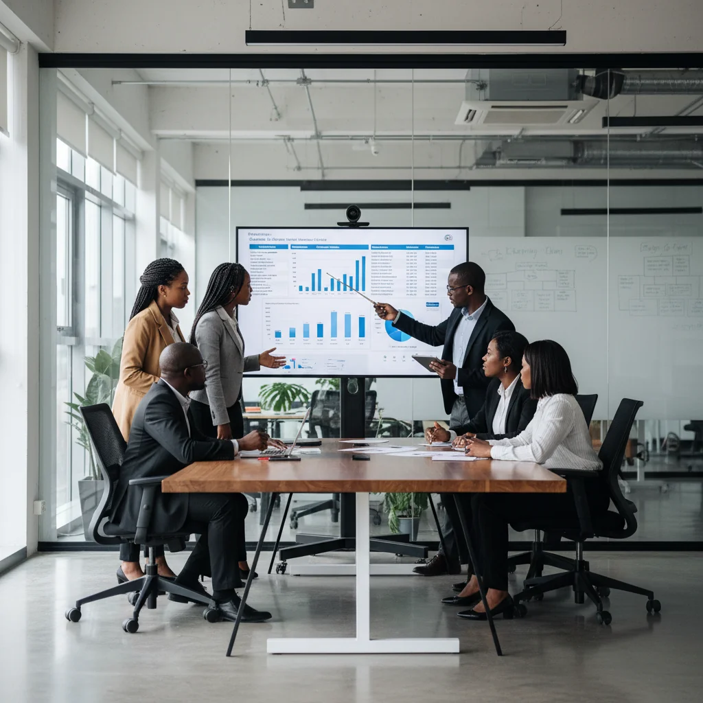 A photorealistic image depicting a professional South African quality assurance team in a modern office setting, reviewing processes on a large digital screen, symbolizing the implementation of quality standards in a business environment, with diverse adult professionals engaged in collaborative discussion, no children present.