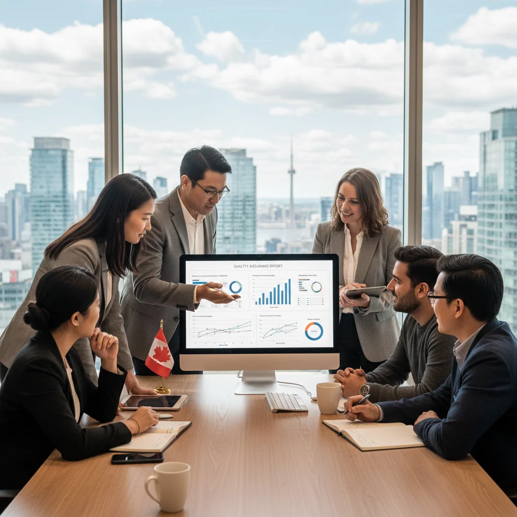 A photorealistic image of a professional business team in a modern Canadian office, collaboratively reviewing quality assurance processes on a large digital screen, symbolizing effective implementation for businesses, with elements like maple leaf motifs in the decor to evoke Canada, no children present.