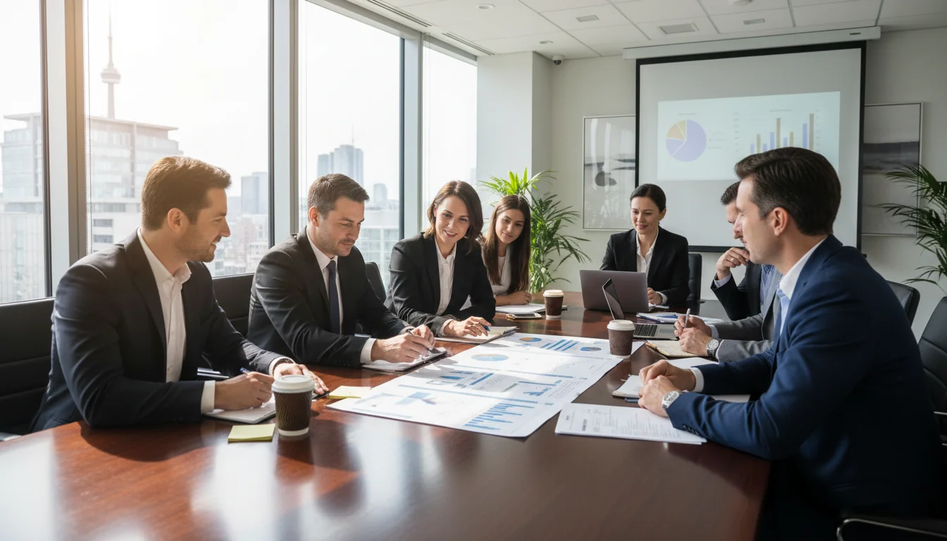 Business team reviewing quality manual.