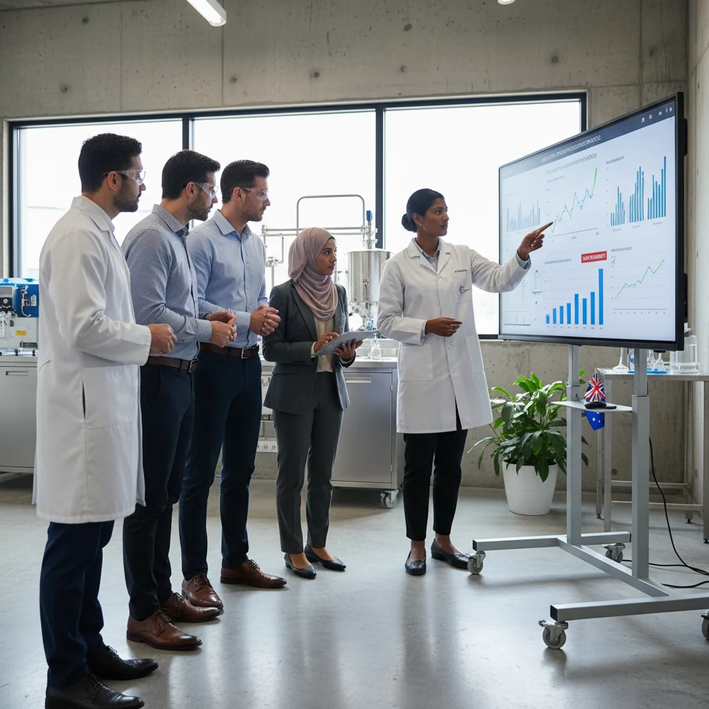 A photorealistic image of a professional quality assurance team in an Australian manufacturing facility, collaboratively reviewing processes on a whiteboard, symbolizing effective quality control and compliance, with Australian elements like a subtle Sydney Harbour Bridge view in the background. No children present.