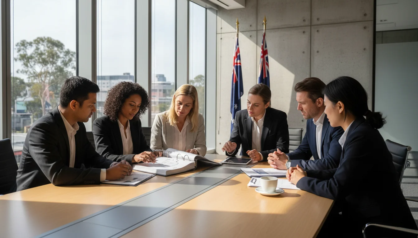 Professional team reviewing QA manual.