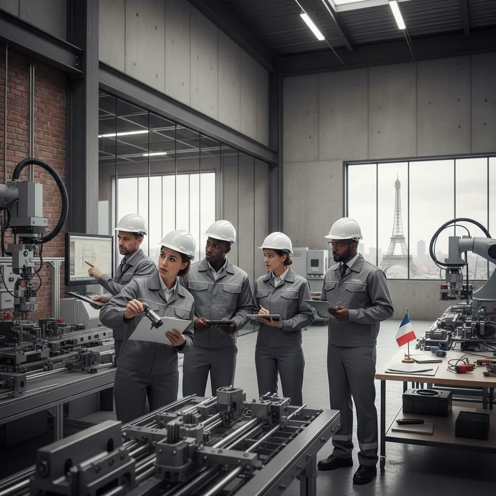 A professional quality assurance team in a modern French manufacturing facility, conducting inspections on precision machinery with checklists and digital tablets, emphasizing accuracy and compliance in a photorealistic style.