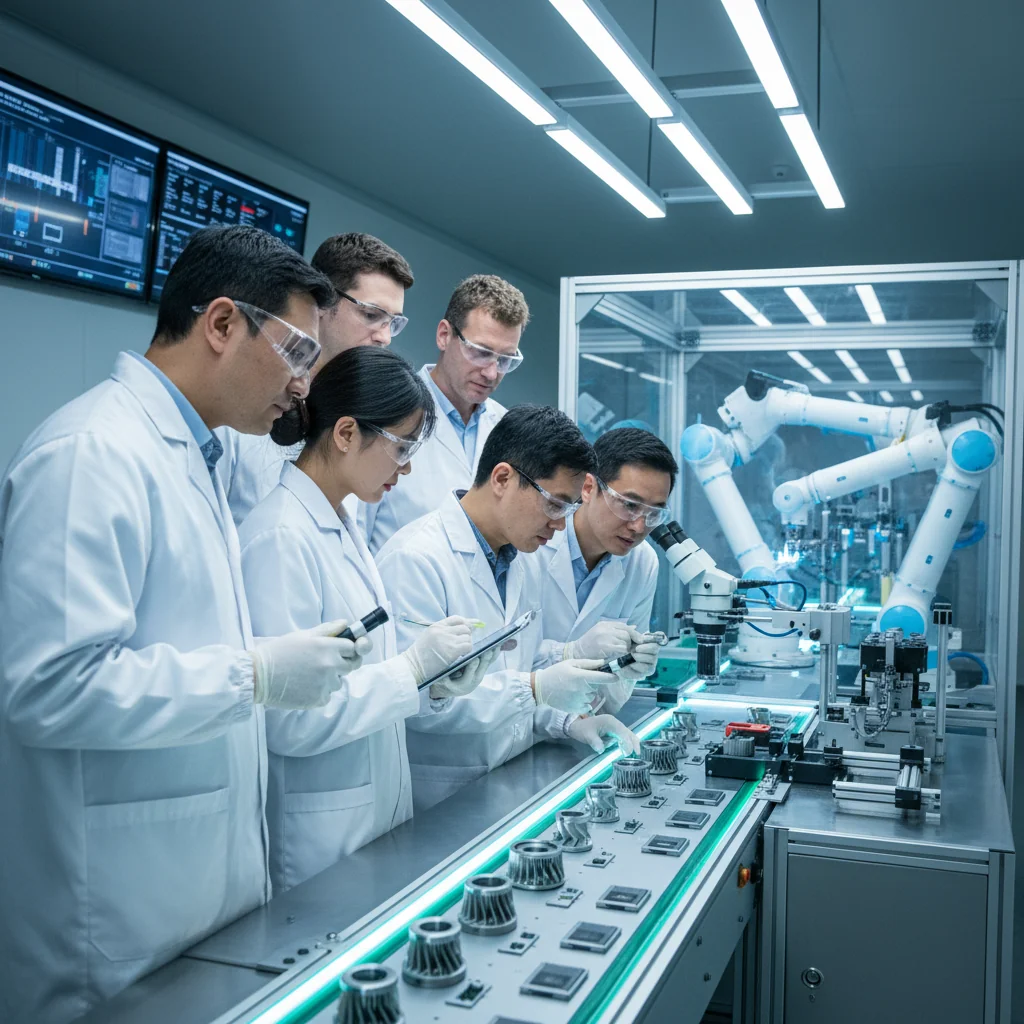A professional scene representing quality assurance in a manufacturing environment, with adults in business attire inspecting high-quality products on a modern production line, symbolizing the guidelines for creating a quality assurance handbook in China.