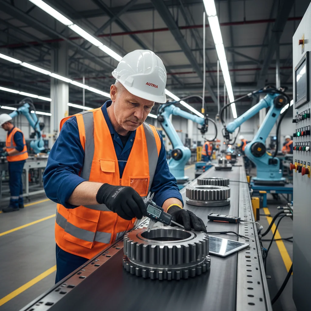A photorealistic image of a professional quality control engineer in a modern Austrian industrial factory, meticulously inspecting precision machinery components on a production line, with advanced manufacturing equipment and safety gear in the background, symbolizing legal compliance and quality assurance in industry.