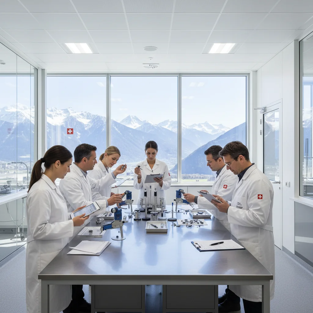 A photorealistic image representing quality assurance in a Swiss professional setting, featuring a diverse team of adults in a modern office or manufacturing facility in Switzerland, with elements like the Swiss Alps in the background, symbolizing precision, reliability, and compliance without showing any documents.