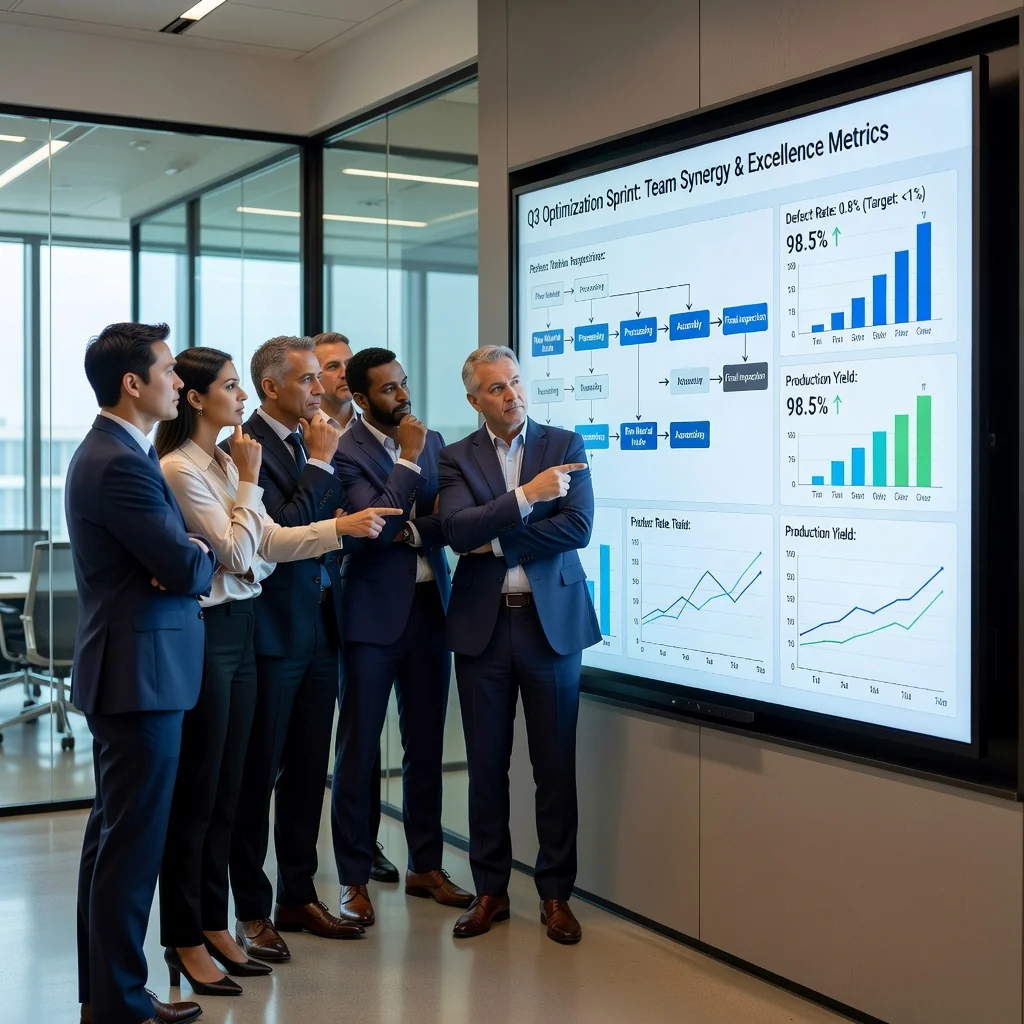 A photorealistic image representing the purpose of creating an effective quality manual, showing a diverse team of professionals in a modern office environment collaboratively reviewing and improving processes on a large digital screen, symbolizing quality assurance and efficiency without focusing on any documents.