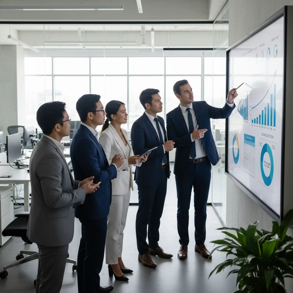 A photorealistic image of a professional team in a modern office setting, collaboratively reviewing quality control processes on a large digital screen, symbolizing the effective implementation of quality assurance standards, with adults only, no children present.