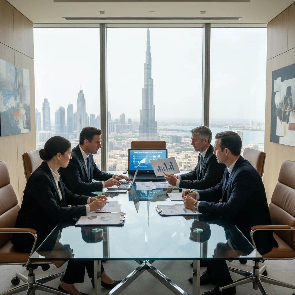 A photorealistic image of a professional business meeting in a modern office in the United Arab Emirates, with diverse adult executives discussing quality assurance strategies around a conference table, UAE skyline visible through large windows, emphasizing corporate compliance and excellence, no children present.