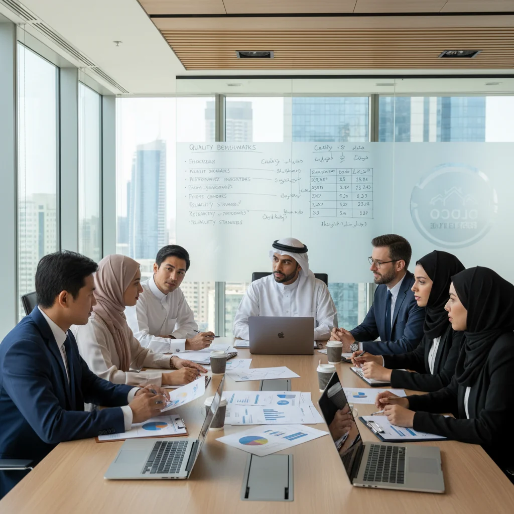 A photorealistic image of a professional business meeting in a modern Saudi Arabian corporate office, with diverse adult professionals reviewing quality assurance reports on a conference table, symbolizing the importance of quality guarantees in corporate documents. The scene includes elements like charts and laptops, evoking trust and compliance in business practices, with no children present.