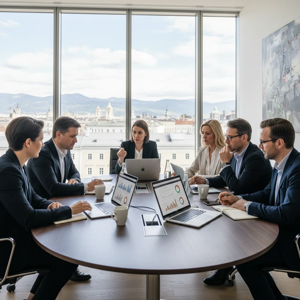 A photorealistic image of a professional business meeting in a modern Austrian corporate office, with diverse adult professionals reviewing quality assurance documents on a table, symbolizing the importance of quality control handbooks in corporate settings. The atmosphere is collaborative and focused, with elements like laptops, charts, and Austrian flags in the background to evoke a sense of reliability and precision in business practices.