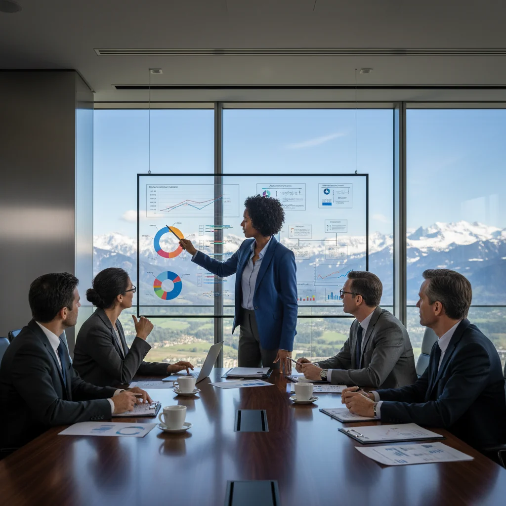 A photorealistic image of a professional quality assurance team in a modern Swiss corporate office, reviewing processes on a whiteboard with Swiss Alps visible through the window, symbolizing precision and reliability in business documentation.