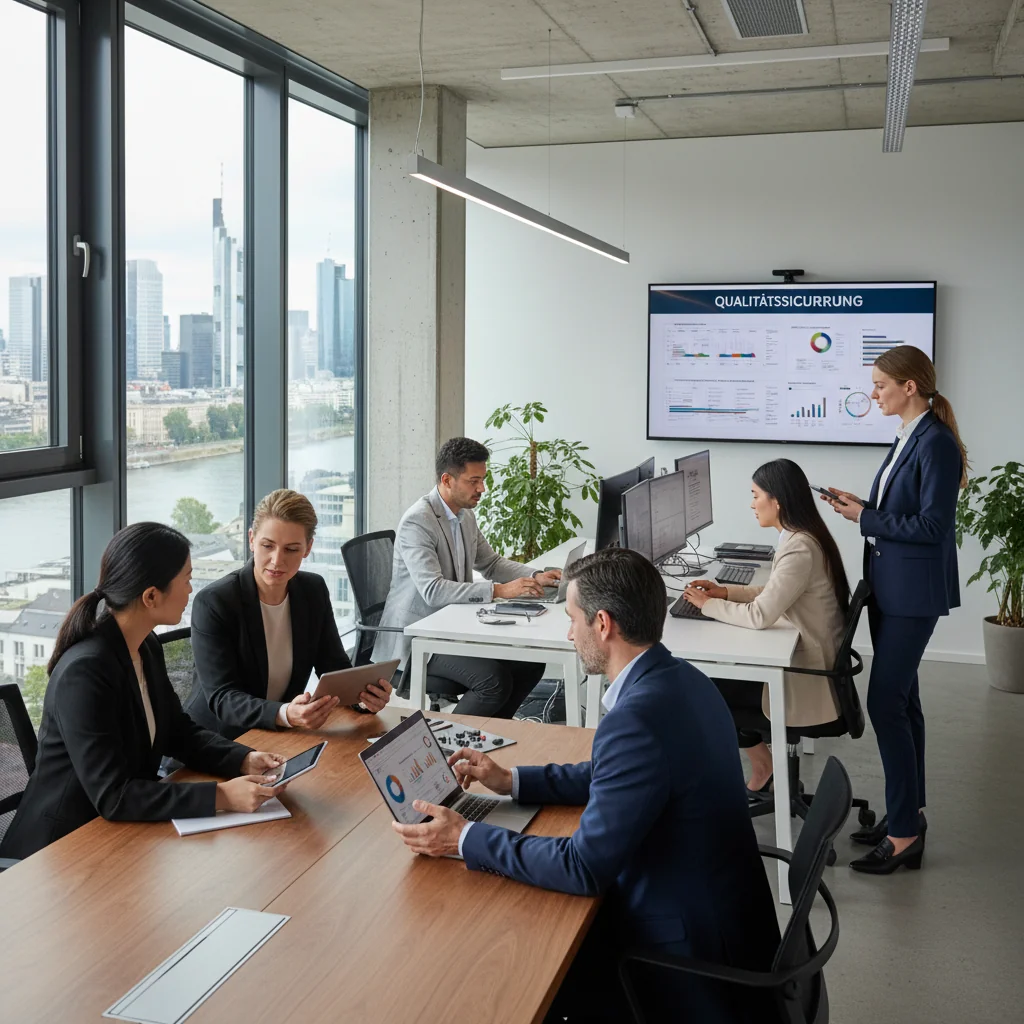 A photorealistic image of a professional quality assurance team in a modern German corporate office, reviewing processes on computers and checklists to ensure high standards, symbolizing the essence of quality control handbooks in business documentation. No children or text visible.