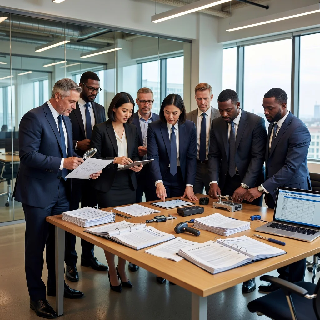 A professional corporate office environment in the United States, featuring a diverse team of adults engaged in quality assurance processes, such as reviewing checklists and inspecting products on a production line, symbolizing meticulous oversight and compliance in business operations.
