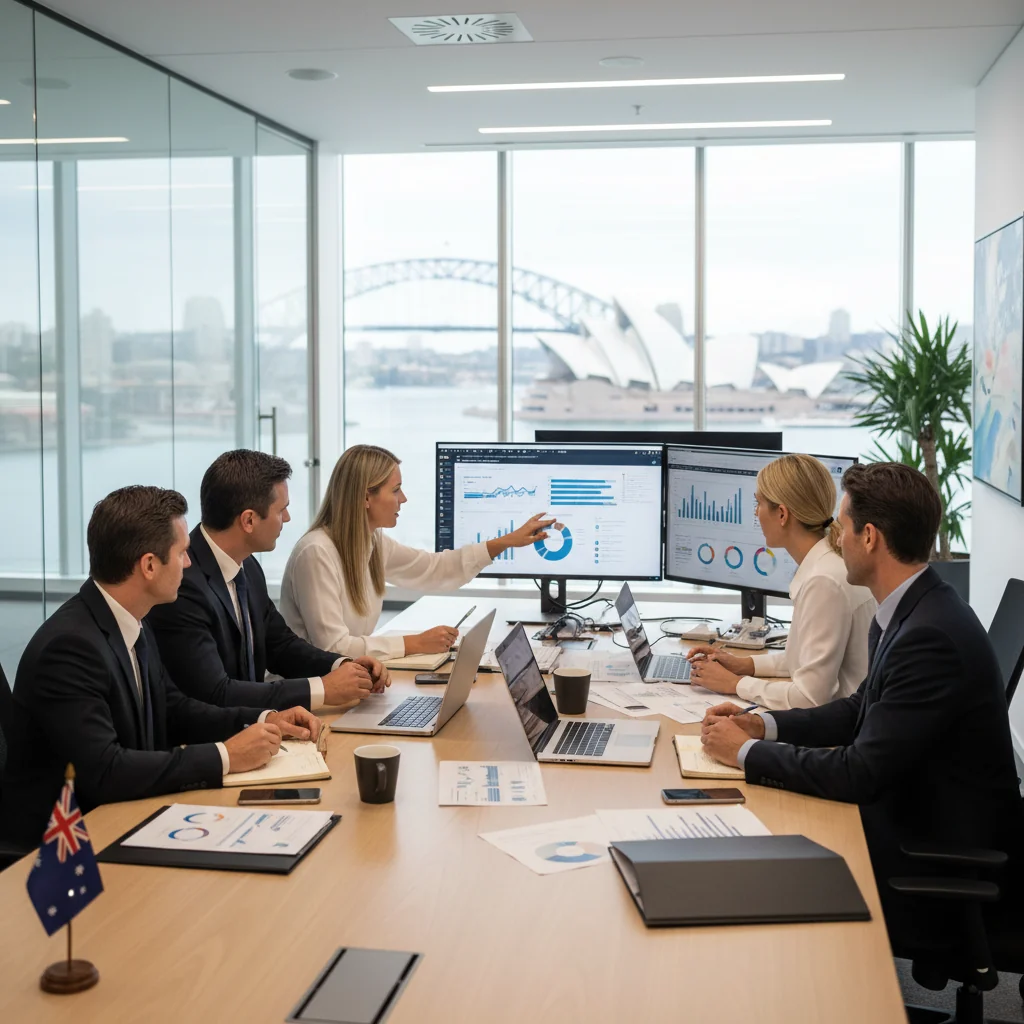 A professional corporate office setting in Australia, featuring diverse adult professionals in business attire collaborating around a conference table, reviewing quality assurance reports on laptops and tablets, with Australian landmarks like the Sydney Opera House visible through large windows in the background, emphasizing teamwork and precision in quality control processes.