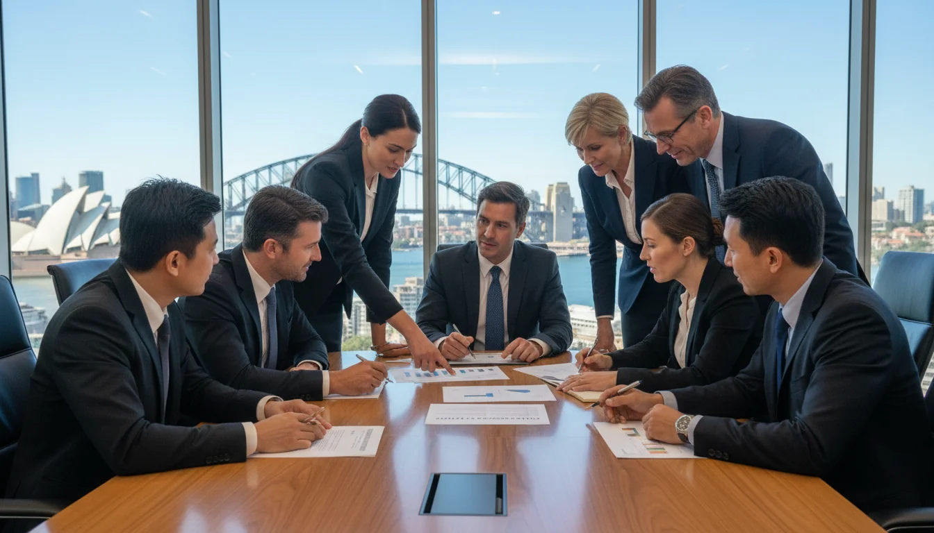 Corporate team discussing documents