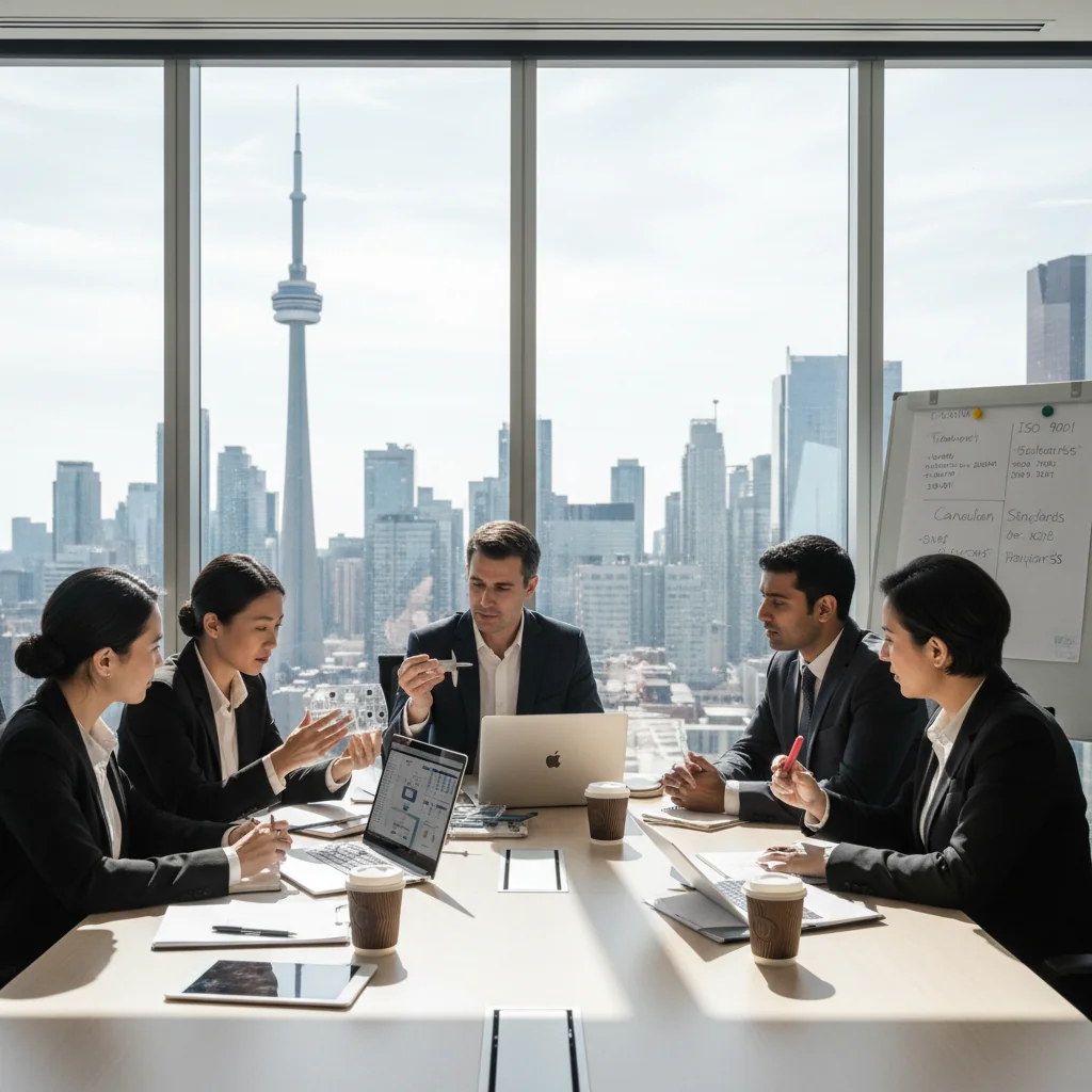 A photorealistic image of a professional quality assurance team in a modern Canadian corporate office, conducting a thorough review of processes on computers and checklists, symbolizing meticulous oversight and compliance, with elements like the Canadian flag subtly in the background, no children present.