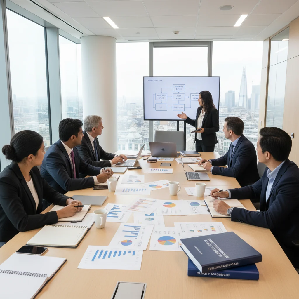 A professional corporate office environment in the UK, featuring a diverse team of adults engaged in a quality assurance review meeting, with charts and checklists on a table, emphasizing precision and compliance in a modern boardroom setting.