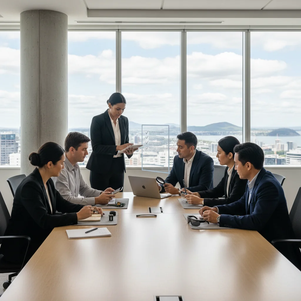A photorealistic image of a professional quality assurance team in a modern New Zealand corporate office, conducting a thorough review and inspection of processes to ensure high standards, with diverse adult professionals collaborating around a table, overlooking a scenic view of New Zealand's landscape through large windows, symbolizing precision and reliability in business documentation.