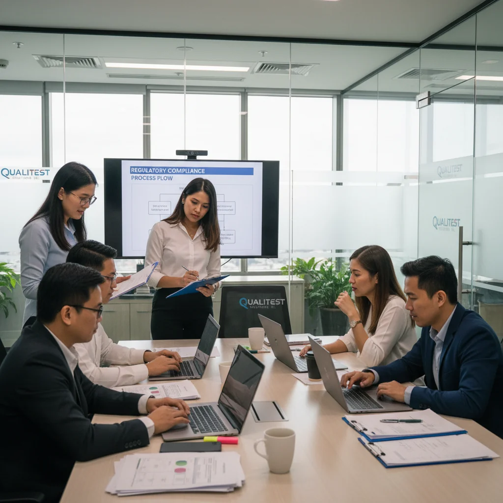 A photorealistic image of a professional quality assurance team in a modern corporate office in the Philippines, conducting a meticulous review of processes on computers and checklists, symbolizing precision and compliance in business operations, with diverse adult Filipino professionals collaborating, no children present.