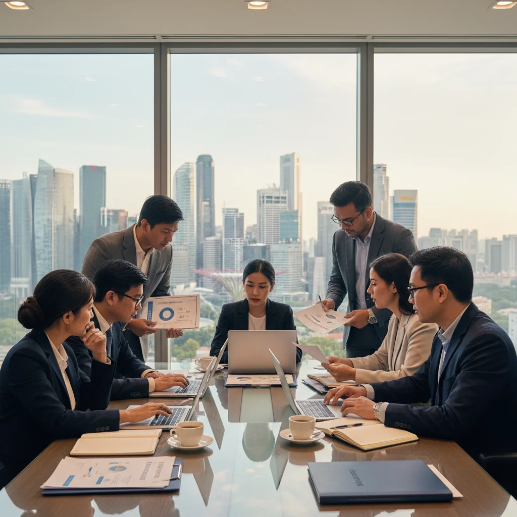 A photorealistic image of a professional quality assurance team in a modern Singapore office, conducting a meticulous review of processes on computers and checklists, symbolizing precision and compliance in corporate standards, with the Singapore skyline visible through large windows in the background, no children present.