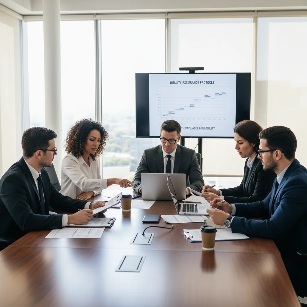 A photorealistic image of a professional quality assurance team in a modern South African corporate office, conducting a thorough review meeting with checklists and laptops, symbolizing meticulous oversight and compliance in business operations. Diverse adult professionals engaged in discussion, no children present.