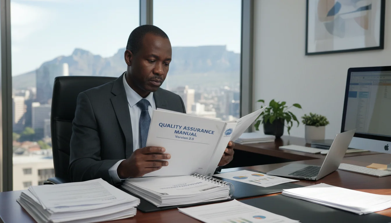 Professional reviewing QA manual.