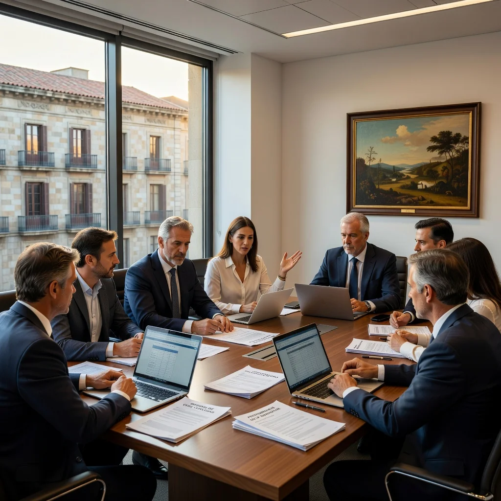 A professional corporate office environment in Spain, featuring a diverse team of adults reviewing quality standards on a whiteboard, with Spanish business elements like a flag or Madrid skyline in the background, symbolizing quality management and compliance without showing any documents.
