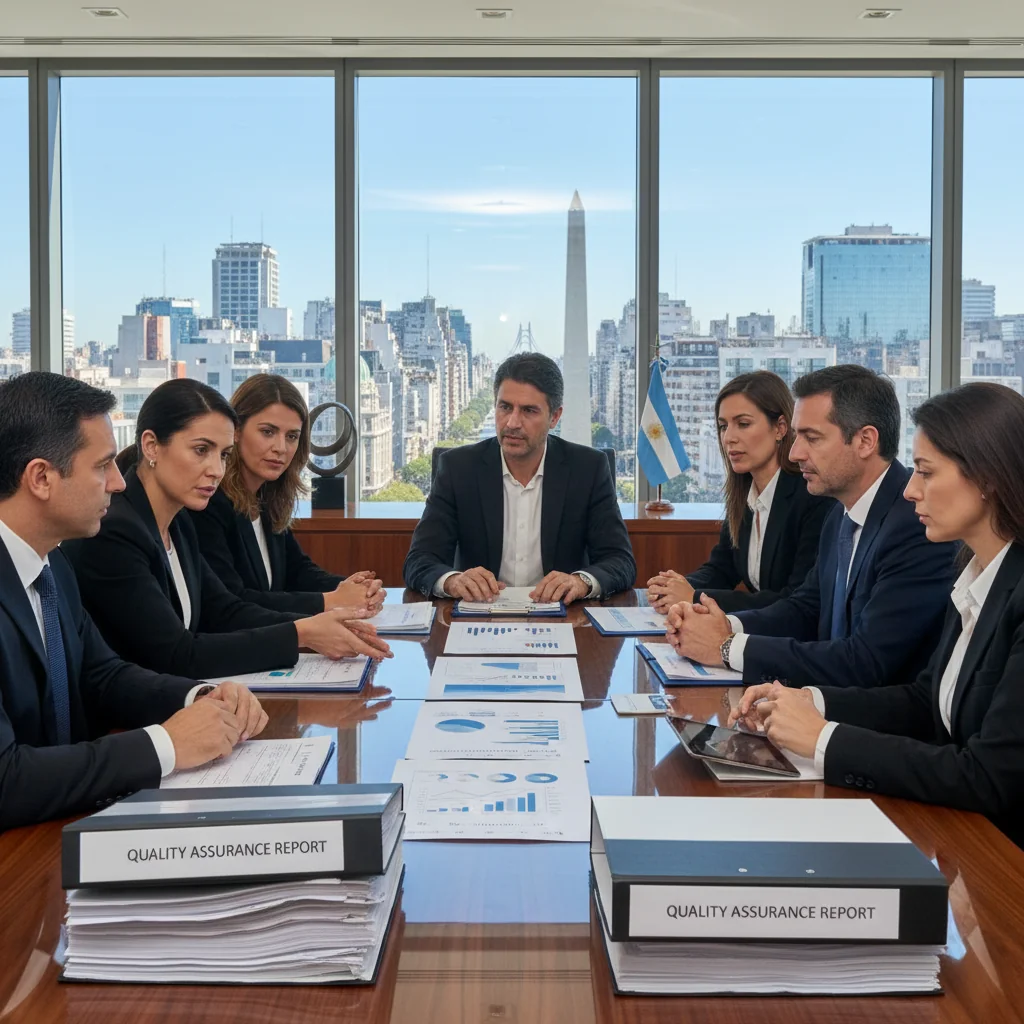 A photorealistic image of a professional business meeting in a modern Argentine corporate office, with diverse adult professionals discussing quality assurance documents around a conference table, symbolizing corporate compliance and standards in Argentina, no children present.