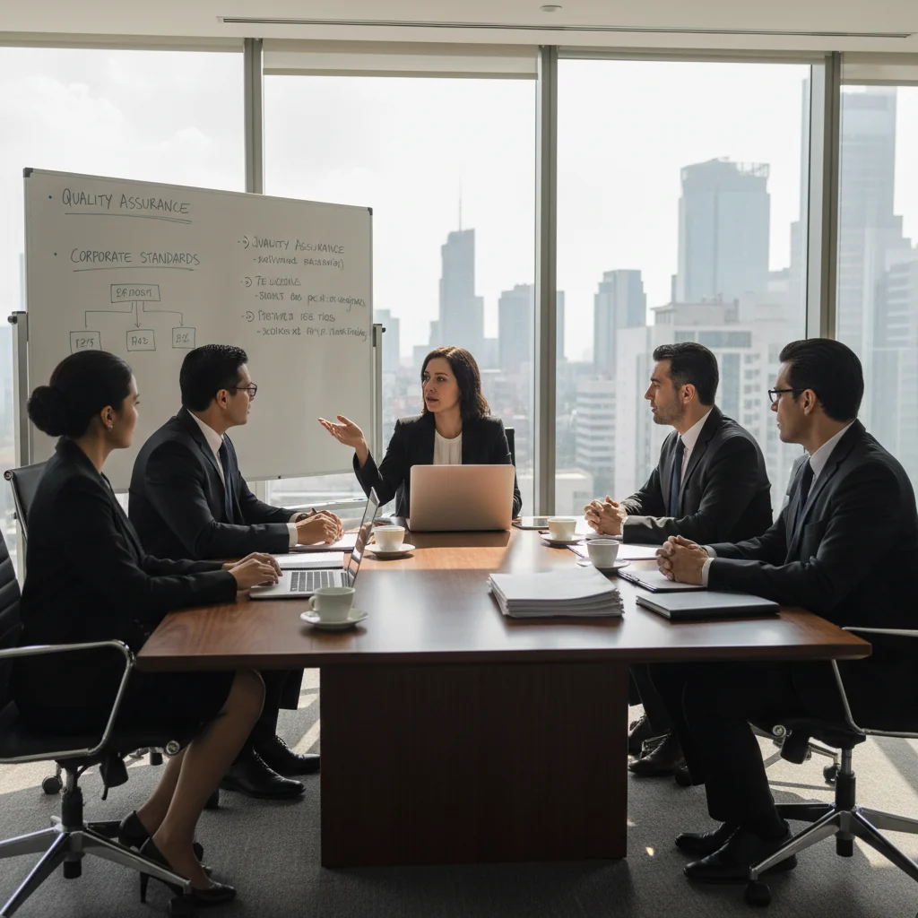 A photorealistic image of a professional business meeting in a modern Mexican corporate office, with diverse adult executives discussing quality assurance strategies around a conference table, evoking trust, compliance, and corporate governance in Mexico. No children, no documents visible.