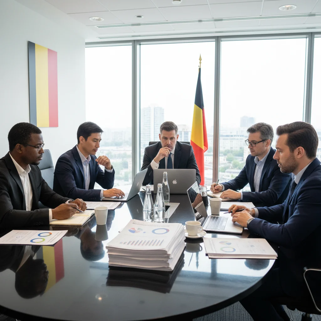 A photorealistic image of a professional business meeting in a modern Belgian corporate office, with adults reviewing quality assurance reports on a table, symbolizing corporate document management and compliance in Belgium. No children present.