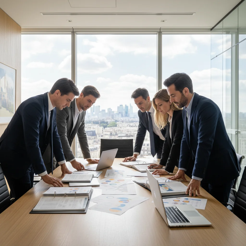 A professional office setting in France representing quality assurance in corporate environments, featuring a diverse team of adults reviewing charts and documents at a modern conference table, with subtle French elements like a flag or Eiffel Tower view in the background, conveying trust and precision.