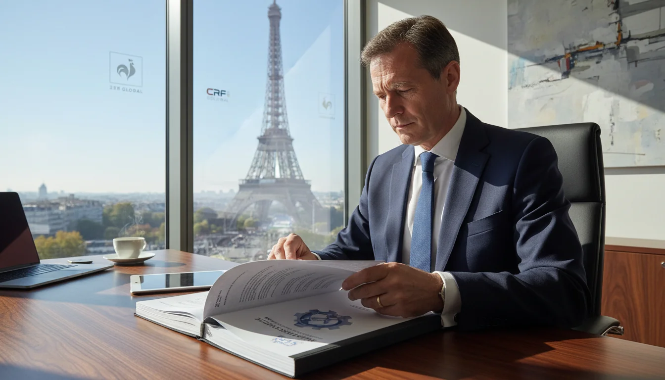 French corporate executive reviewing quality assurance manual