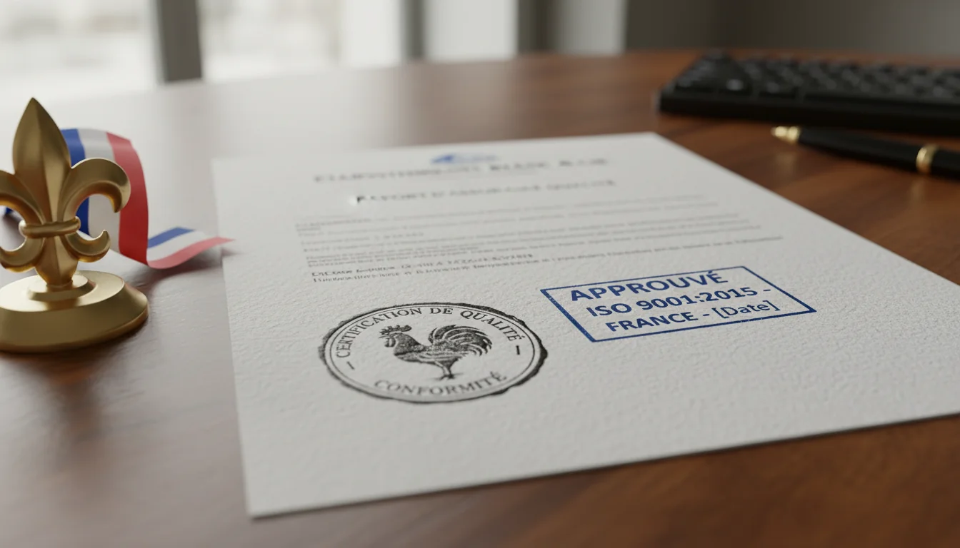 Quality assurance certification stamp on French business paper